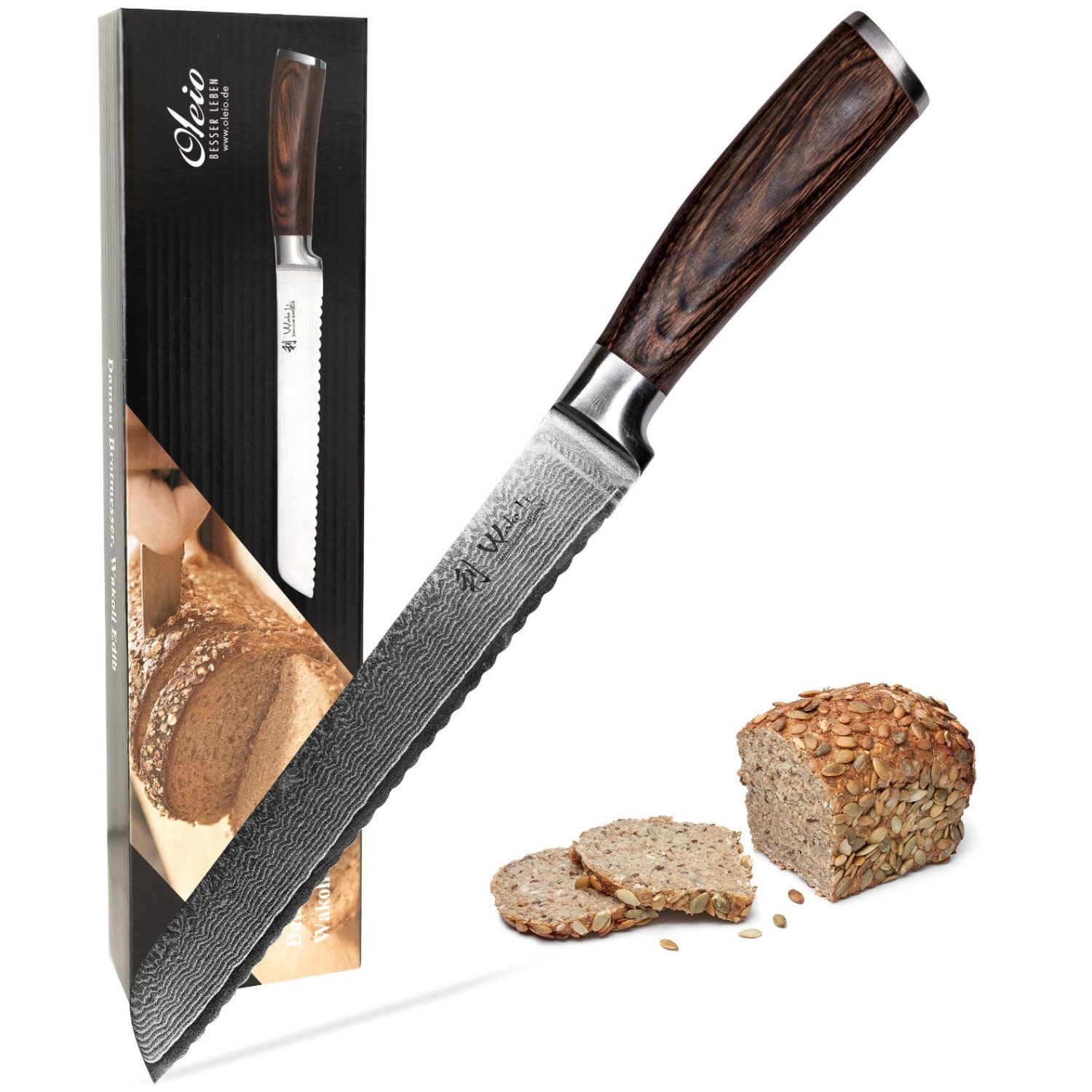 Wakoli Damastmesser EDIB Brotmesser Kochmesser 20cm Wellenschliffklinge Pakkaholzgriff, Aus 67 Lagen Damaststahl, VG10 Kern, Pakkaholzgriff, inkl. Geschenkbox