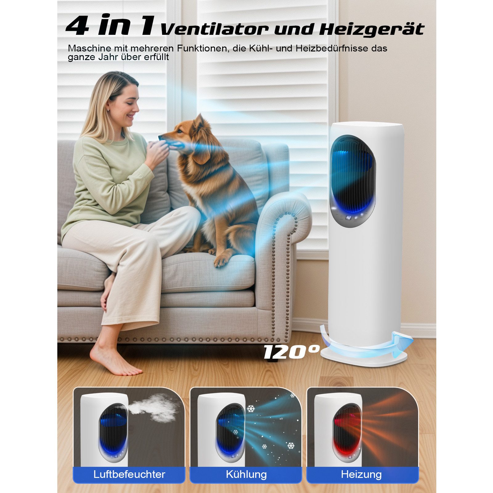 Rebonique Turmventilator Klimaanlage mit Heizlüfter/Luftkühler/Luftbefeuchter, 4L Wassertank, 3 Geschwindigkeiten für Schlafzimmer Büro Wohnzimmer