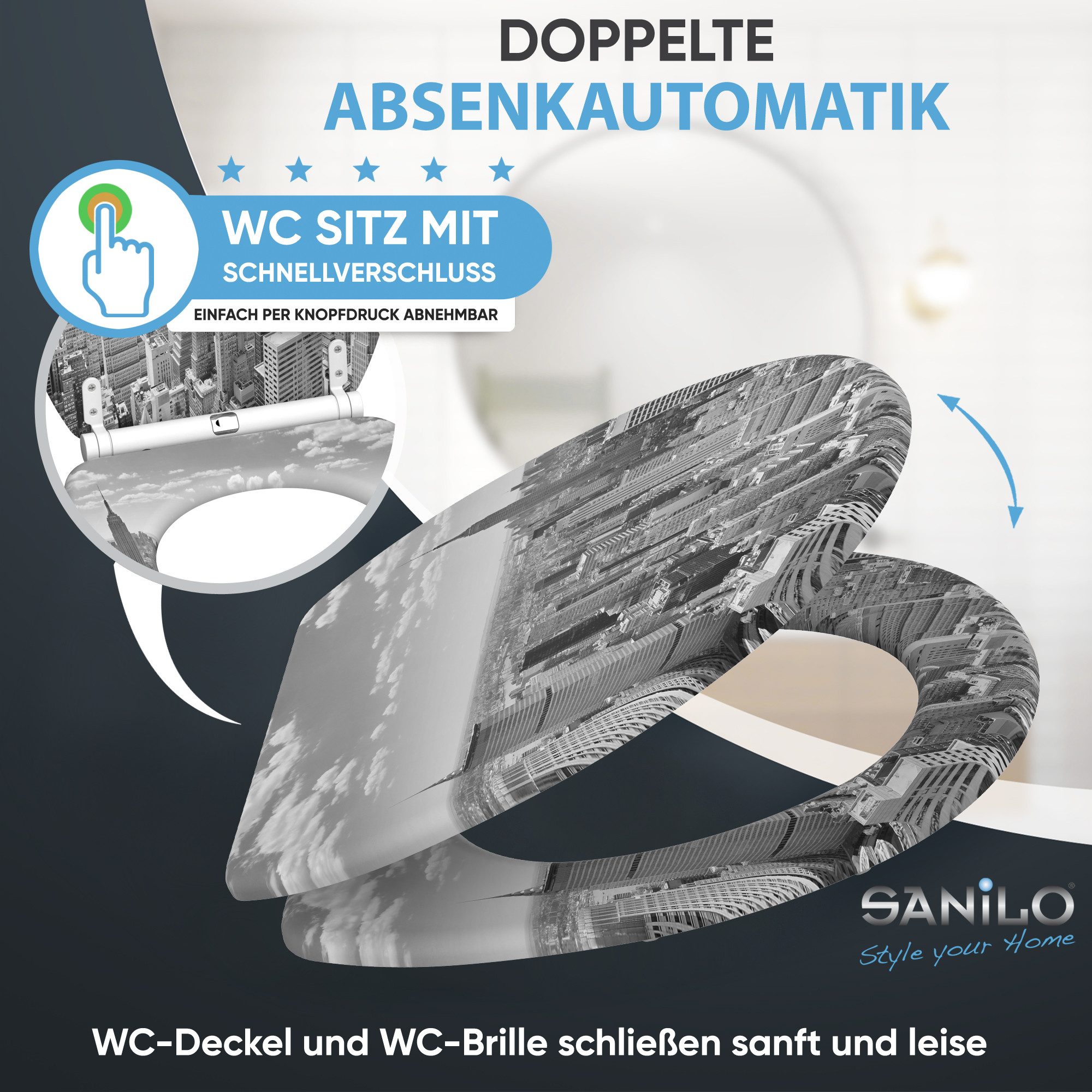 Sanilo WC-Sitz Skyline New York mit Absenkautomatik & Quick Release, Premium Toilettendeckel, abnehmbar, leichte Montage von oben – Bild 3 von 5