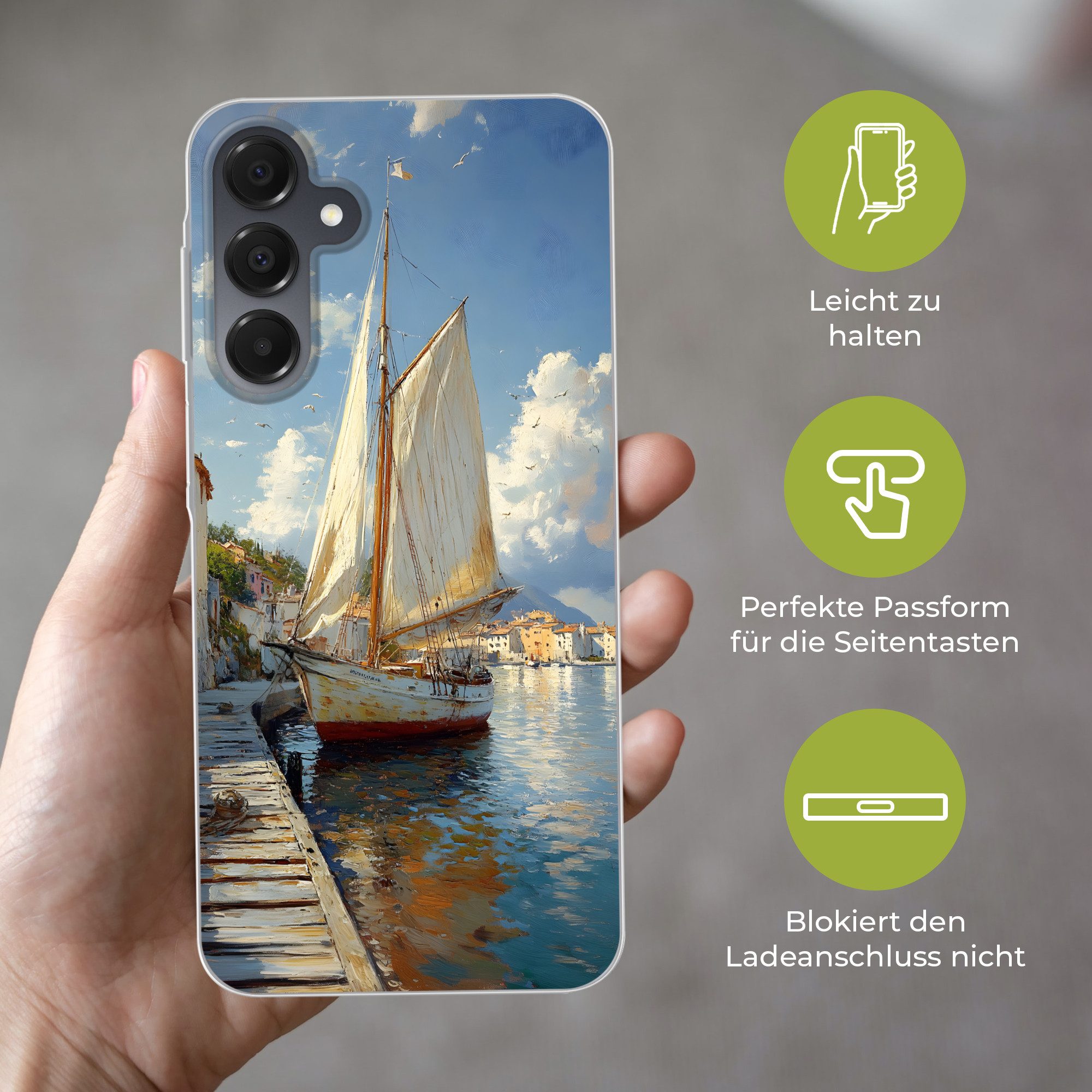 MuchoWow Handyhülle für Samsung Galaxy A16 5G Segelschiff - Häuser - Kai - Meer, Phone Case, Silikon, Schutzhülle Dünn