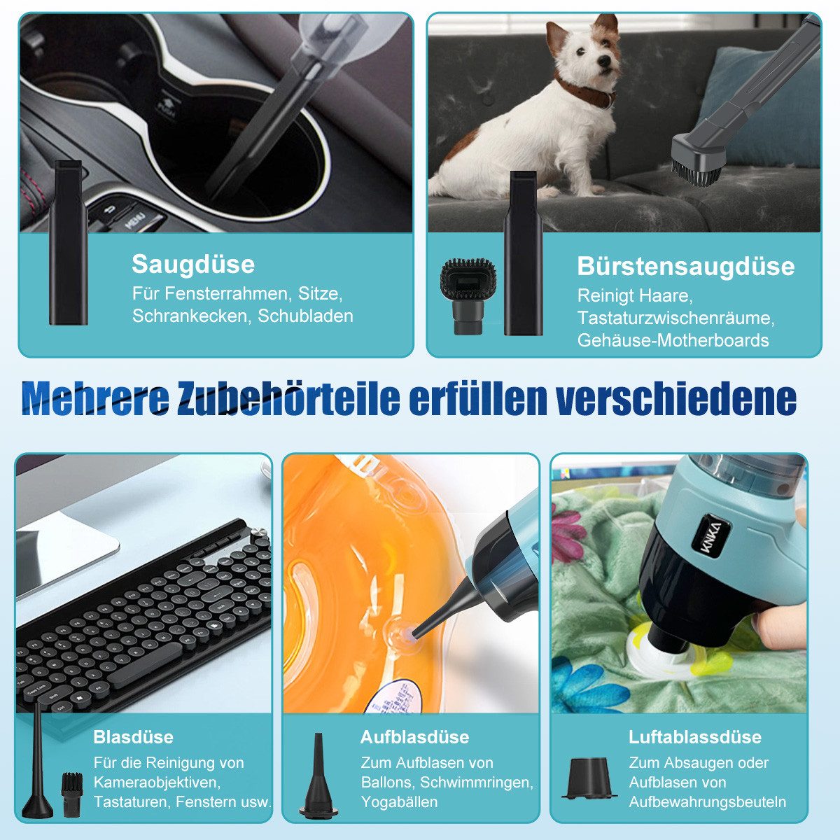 KNKA PRO Akku-Handstaubsauger 3 IN 1 Kabelloser Handstaubsauger, 9000PA, 120,00 W, beutellos, Autostaubsauger mit Bürstenlosem Motor und Filter, für Auto,Zuhause