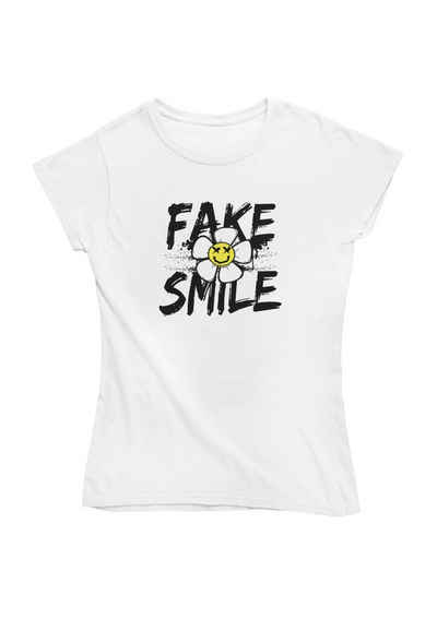 Novux T-Shirt Fake Smile Damen Tshirt farbe White (1-tlg) aus Baumwolle