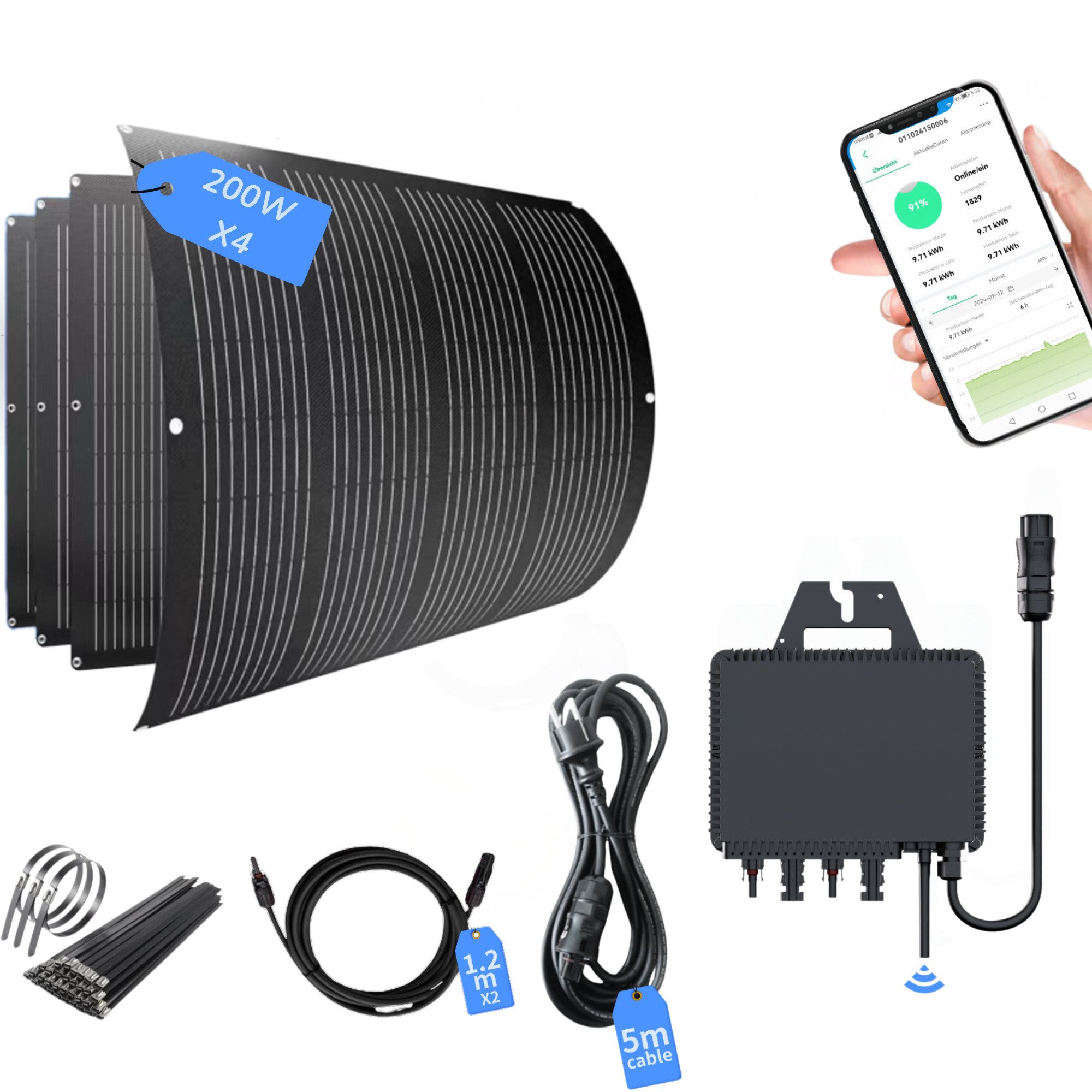 SolarMars Balkonkraftwerk Solarpanel Flexibel 4X200W Flexibles Solarmodul für Balkonkraftwerk, 800 W, Monokristallines, (WLAN Wechselrichter, 0% MwSt)
