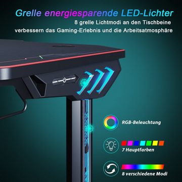 SONNI Gamingtisch Gamingtisch schwarz mit LED RGB Beleuchtung Breite 140cm, mit Mauspad,Becherhalter und Kopfhörerhaken, ergonomische,140x60x75cm