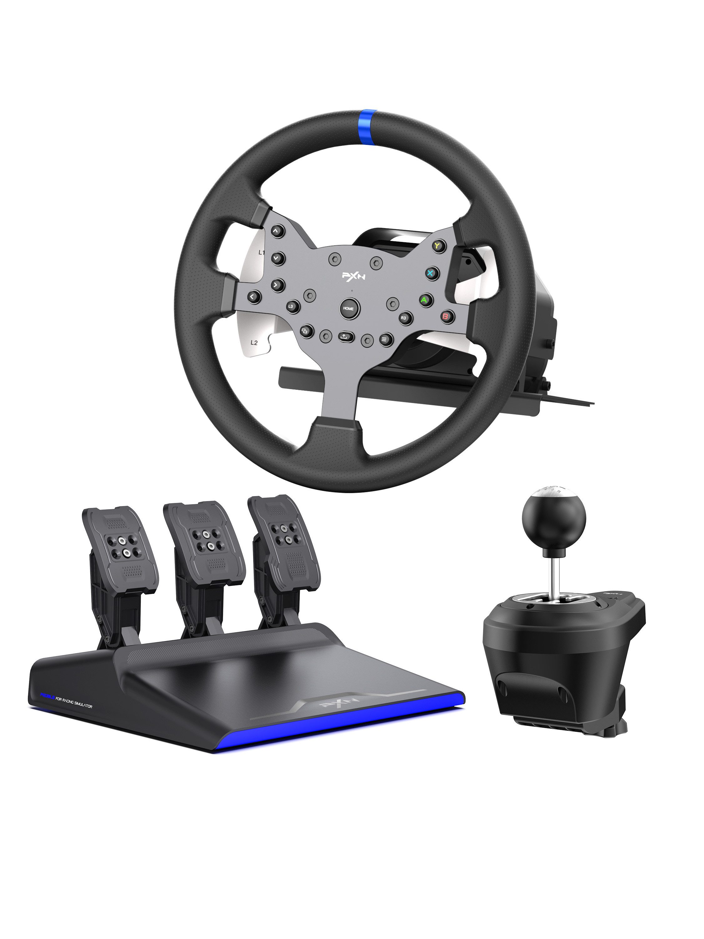 PXN PXN V99 Force-Feedback-Rennlenkrad 3,2Nm, 270°/900° Gaming-Lenkrad (Pedale+H-Schaltung, für PC/Xbox One/Series X, S/PS4)