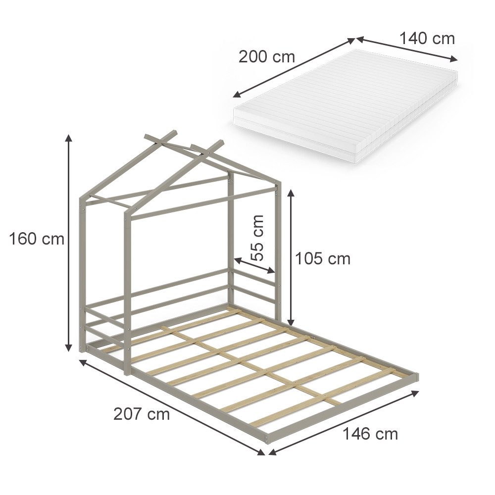 VitaliSpa® Hausbett Roofy, Greige, 140x200 mit Matratze (2-tlg)
