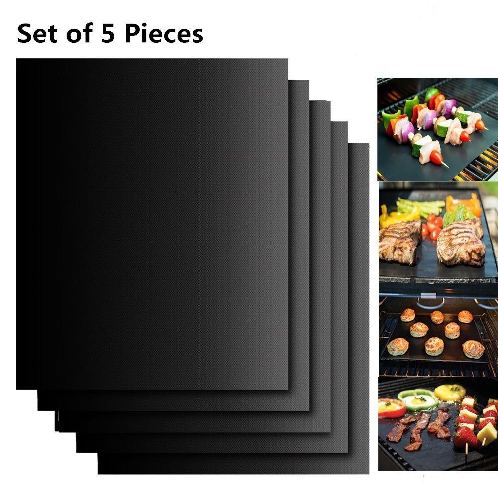 EXTSUD Grillplatte BBQ Set, grill zubehör, grillmatte für gasgrill (5er Set Antihaft Grillmatten Teflon BBQ Grill 40x33cm Grillplatte Gasgrill, 5-St), Wiederverwendbare BBQ Grillmatten Backmatte