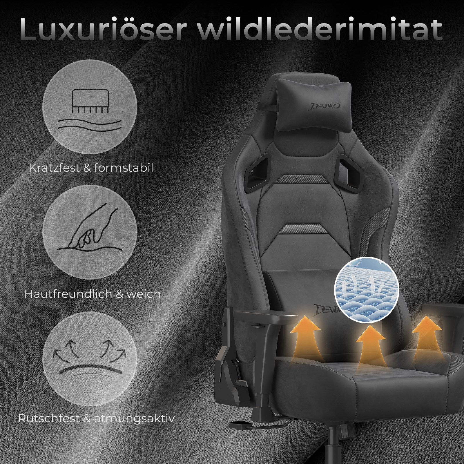 Devoko Gaming-Stuhl Luxuriöser Wildlederimitat,Ergonomisch & Großzügigem Sitz,Bürostuhl, Verstellbare Rückenlehne 90°–135°,3D-verstellbare Armlehnen