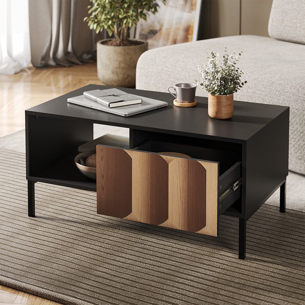 Vicco Couchtisch Eliza, Schwarz/Eiche, 90 x 50 cm mit Schublade (1-St)