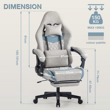 SeedWave Gaming-Stuhl Ergonomischer Gaming Stuhl mit Fußstütze, Bürostuhl Bis 150kg, bewegliche Kopfstütze und Lendenkissen, verstellbare Armlehne, Grau