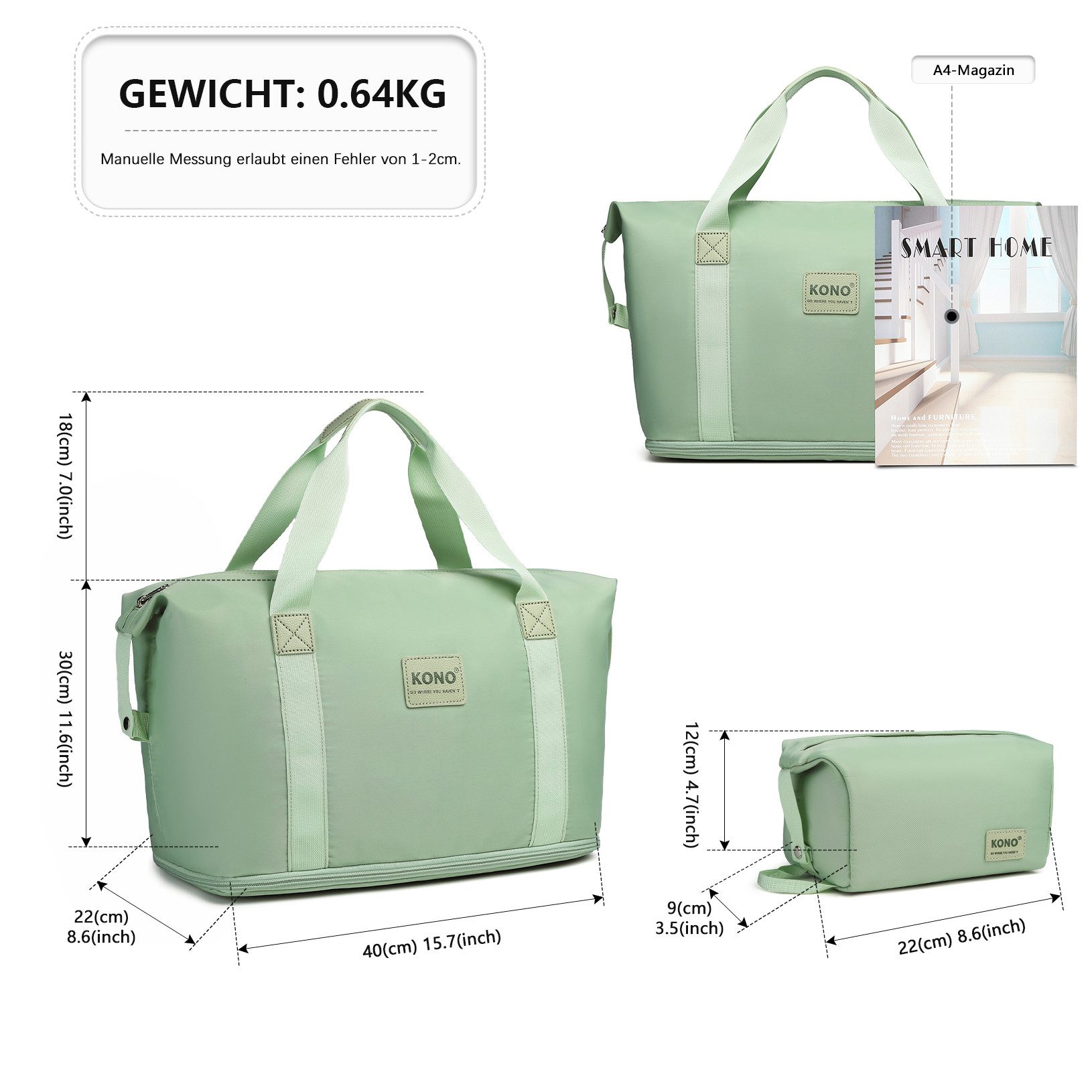 KONO Reisetasche 2-in-1 Set: Erweiterbare Handgepäck-Tasche (36L) + Kosmetiktasche, Praktisches und leichtes Design