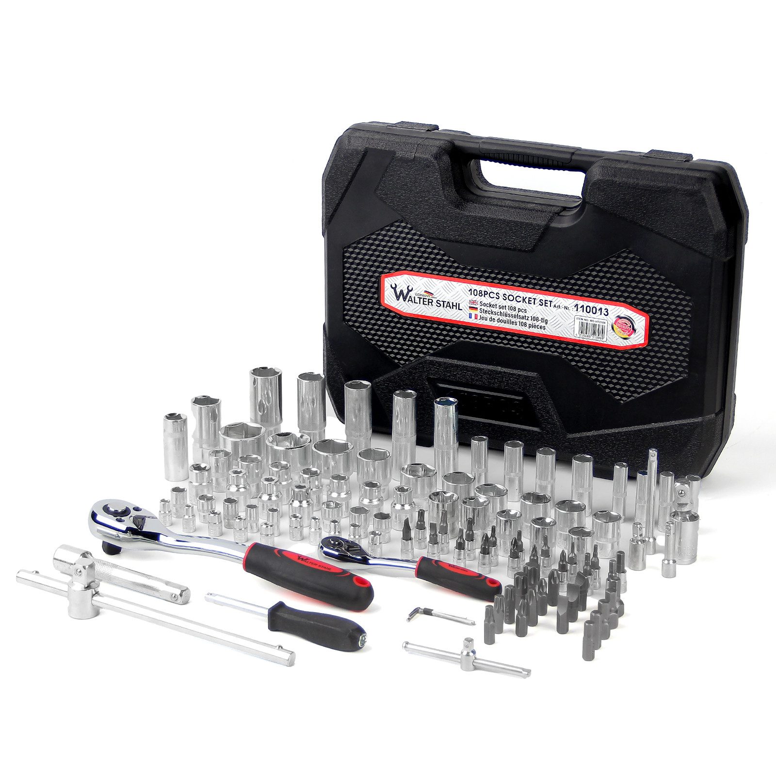 Walter Stahl Germany control Steckschlüssel Steckschlüsselsatz 108 tlg-599 tlg Ratschenkasten 1/4"+1/2"+3/8" (Packung, 108 St., 108/172/215/409/599-tlg), Mit Ratschen, Steckschlüssel und Bitsatz,Steckdosen,Werkzeugkoffer