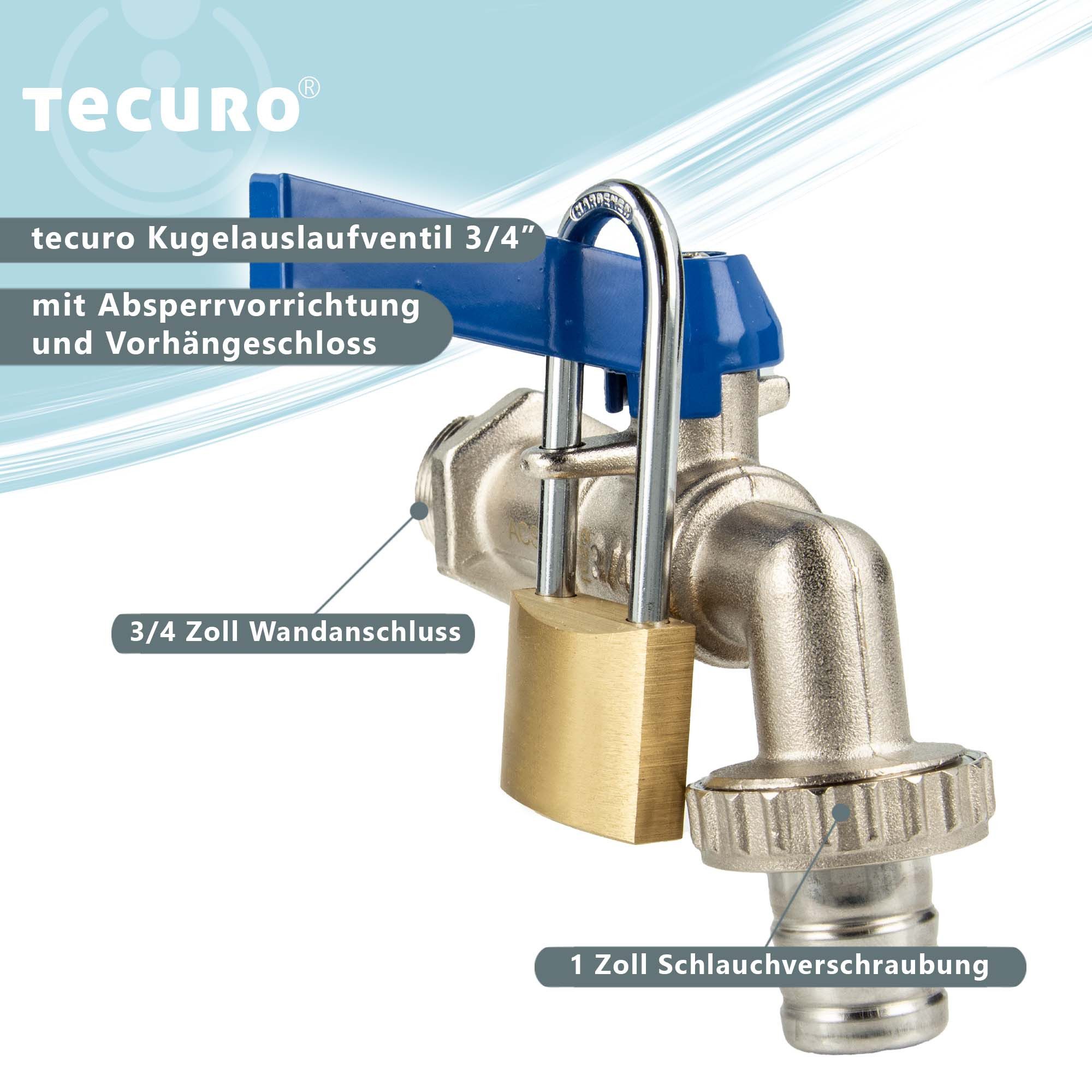 tecuro Absperrventil Kugelauslaufventil 3/4 mit Absperrvorrichtung und Vorhängeschloss, absperrbar gegen unbefugte Nutzung