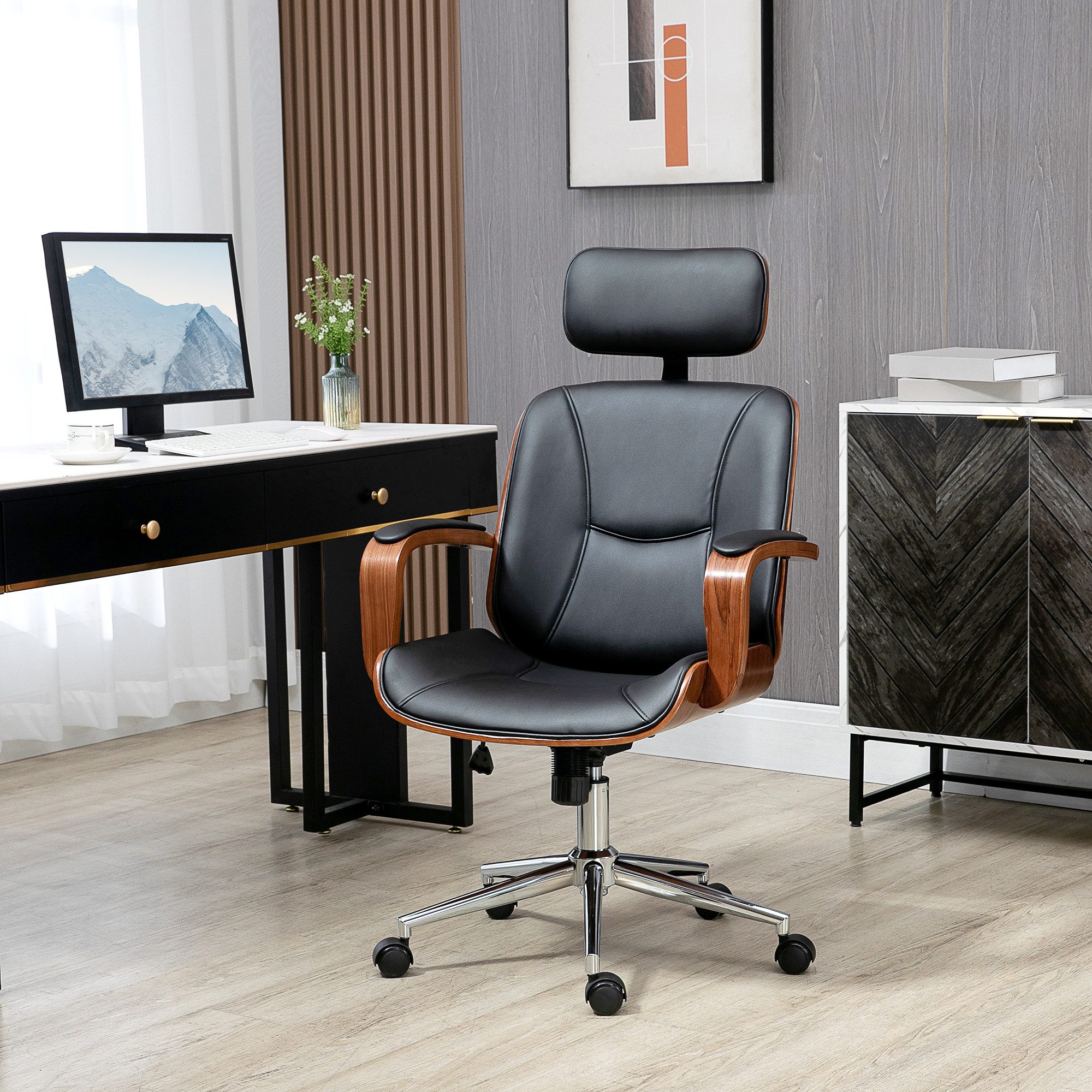 Vinsetto Bürostuhl Schreibtischstuhl mit hoher Rückenlehne, Kopfstütze, Drehstuhl (Höhenverstellbarer Drehstuhl, 1 St), mit Wippfunktion aus Kunstleder für Home-Office Schwarz
