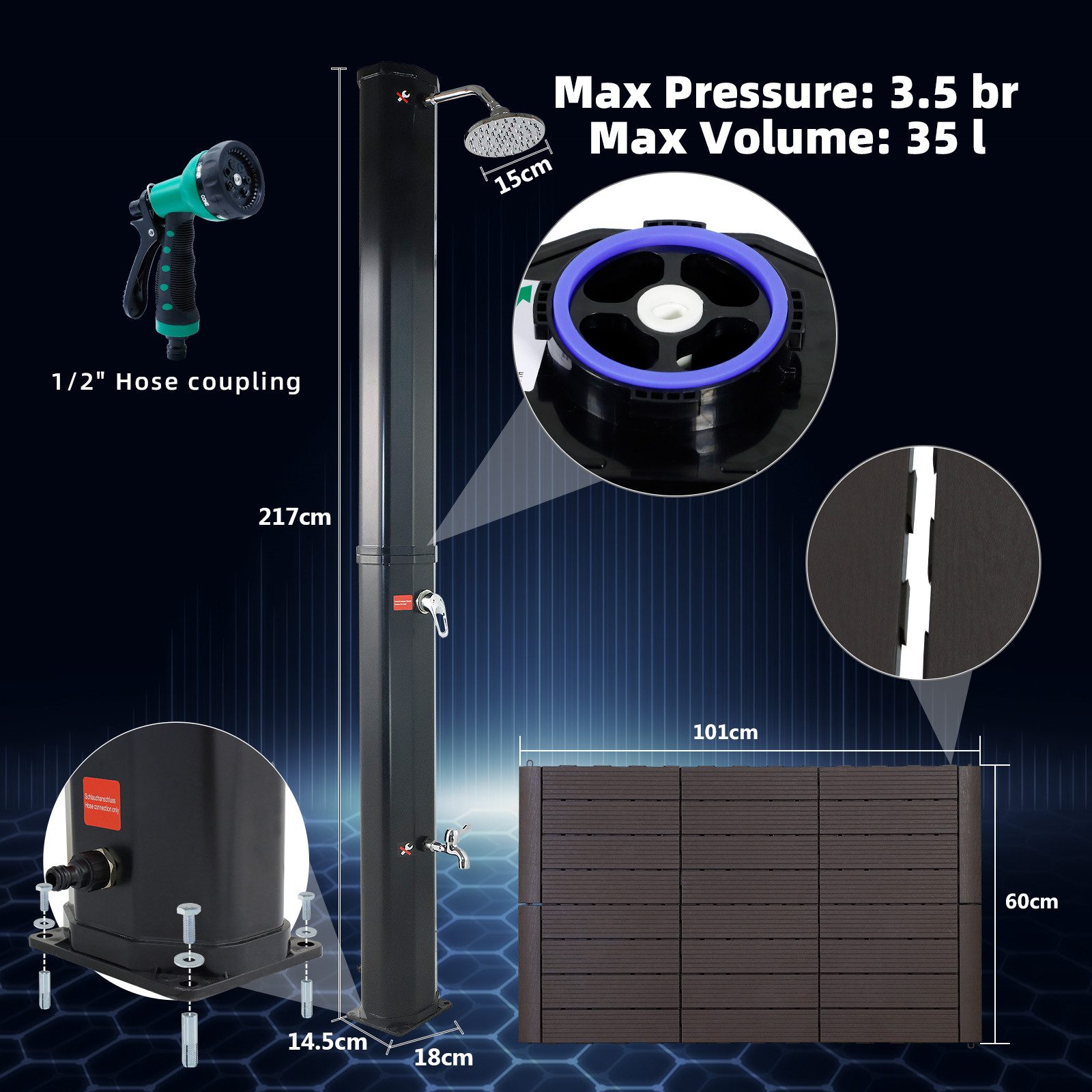 CCLIFE Gartendusche Solardusche 35/40/60L mit Kunststoffboden und Handbrause- pool garten