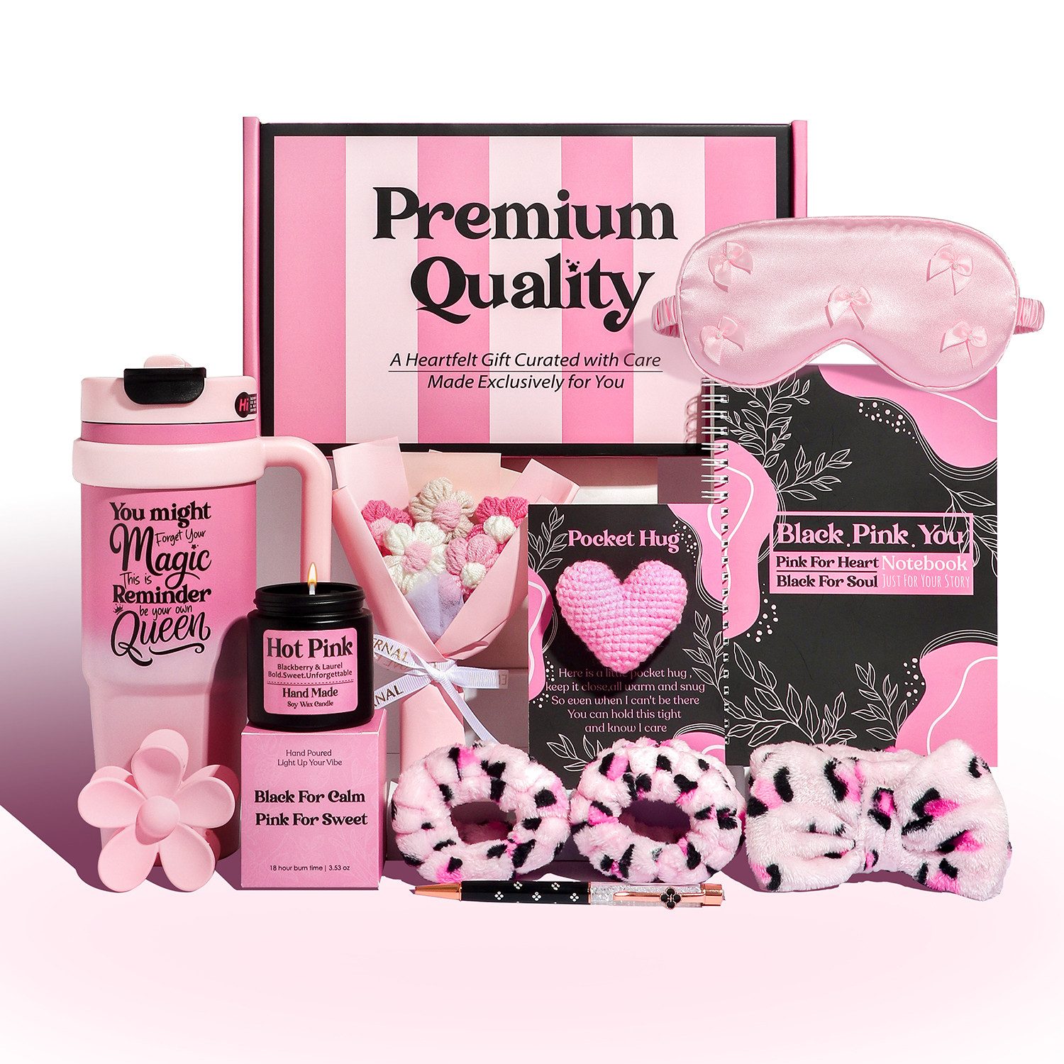 Luckice Pflege-Geschenkbox Geschenkset Damen Premium,Wellness Geschenkbox mit Thermobecher, Duftkerze, Schlafmaske, Notizbuch, Häkelblumen, Haargummis, Haarspange & Grußkarte – Geschenk für Frauen, Freundin, Mutter, Geburtstag, Weihnachten, 11-tlg., Valen