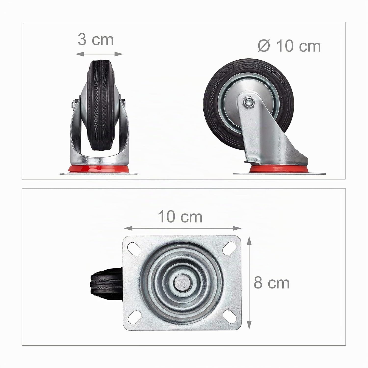 BlingBin Schwerlastrolle 4er Set drehbare Vollgummi-Rollen mit Bremse 100-200 mm, (4er Set, 4-St., Spezifikation: 4 Zoll Raddurchmesser: 100 mm, Tragkraft bis 1000kg), mit Kugellager für Werkzeugwagen, Paletten und Möbel