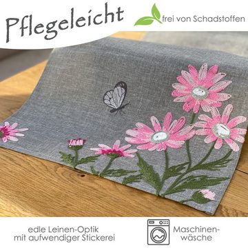 heimtexland Tischdecke Tischdeko Serie Blumen Tischwäsche Deko Kissen (1-tlg), Kissenhülle 40x40 I rosa bestickt I Leinen-Optik