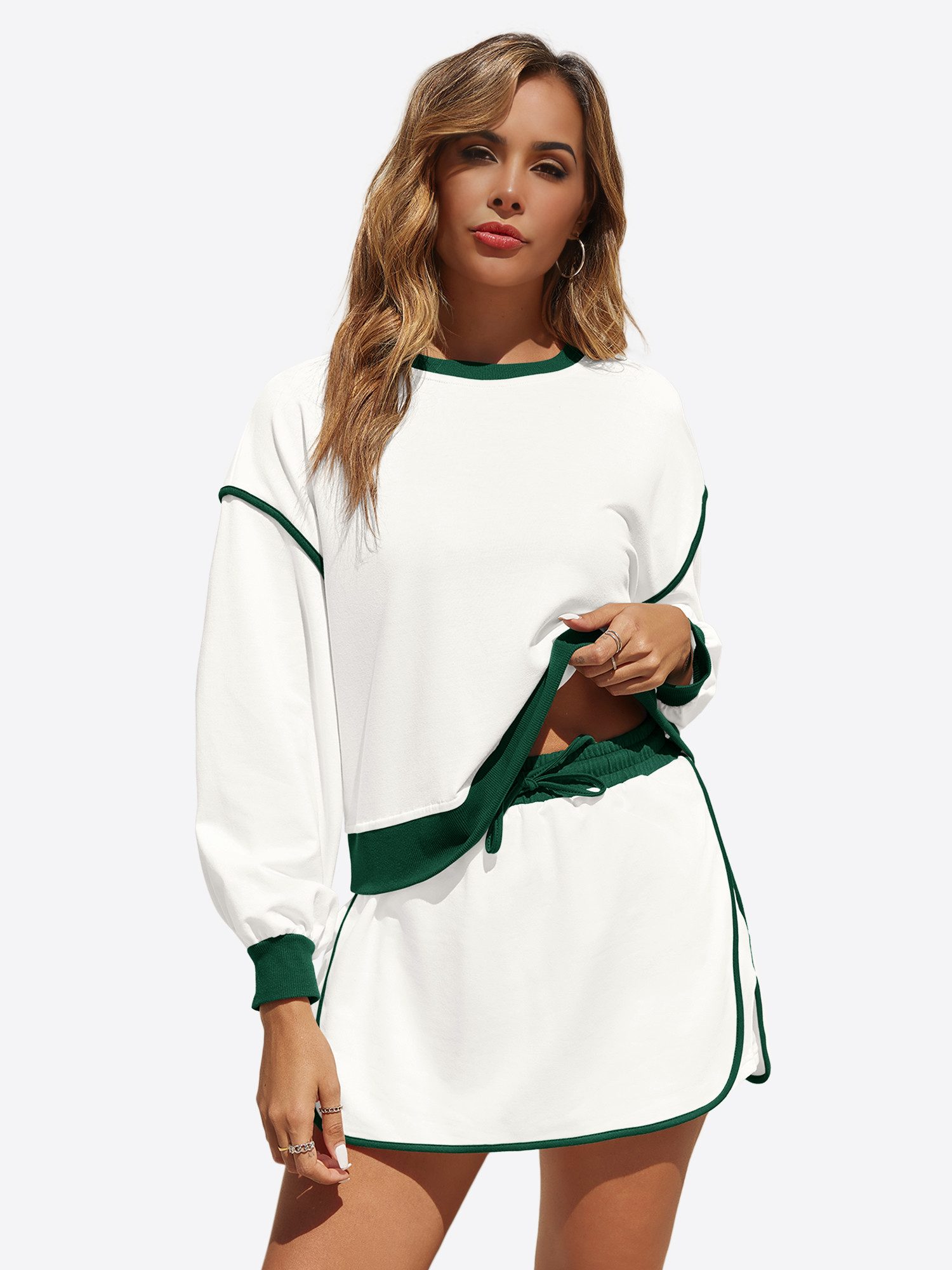 Imily Bela Hausanzug Damen 2-teiliges Set Trainingsanzug (Set, 1 tlg., Sweatshirt + Shorts mit Kordelzug) mit Rundhalsausschnitt