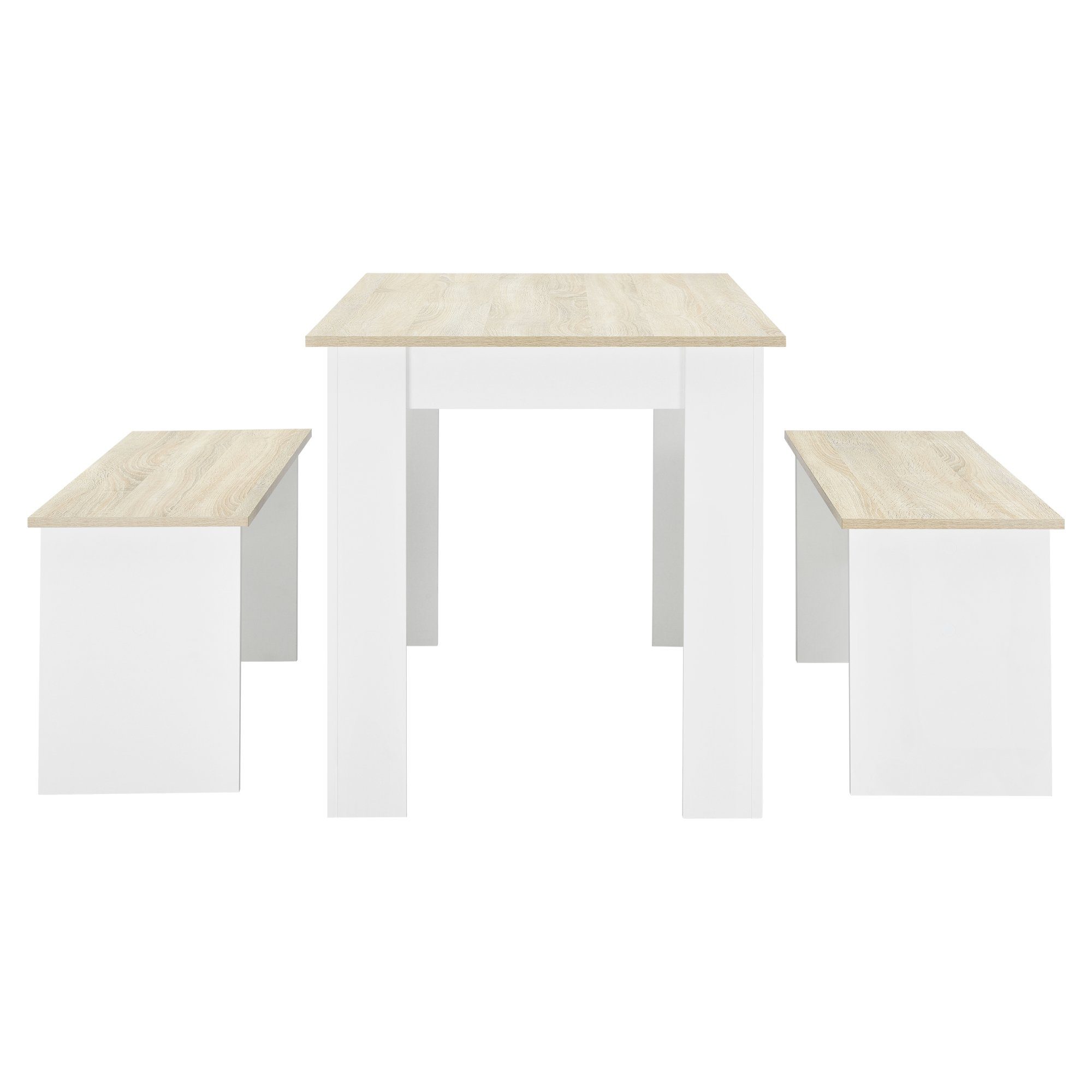 2 - Sitzbänken holzfarben mit / holzfarben 110x70cm (3-tlg), Eiche Weiß en.casa | Sitzgruppe weiß »Hokksund« Essgruppe, Esstisch