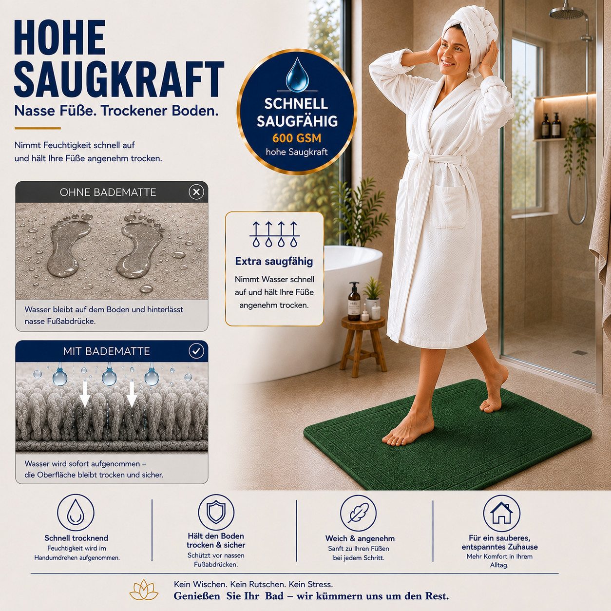 Komfortec Badematte 2er Badetuch Set aus 100% Baumwolle 50x70 cm Extra Weich & Saugstark, Rechteckig, 600 g/m² – Bild 2 von 5