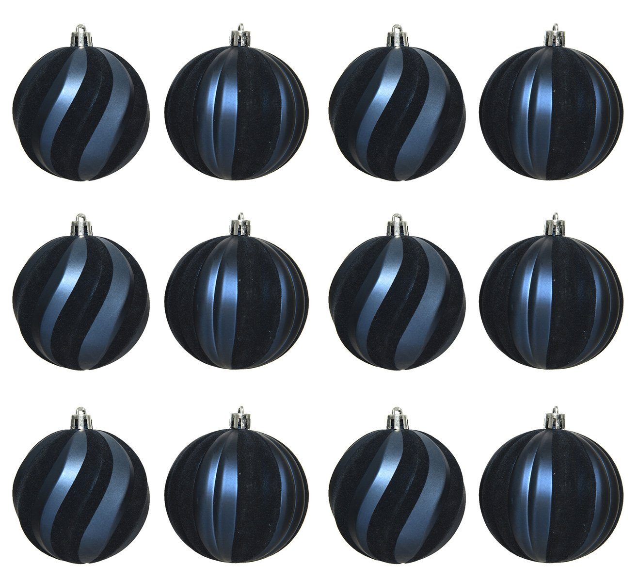 Streifen - 8cm 12er decorations Weihnachtsbaumkugel, gerillt Kunststoff Nachtblau Set Decoris Weihnachtskugeln season