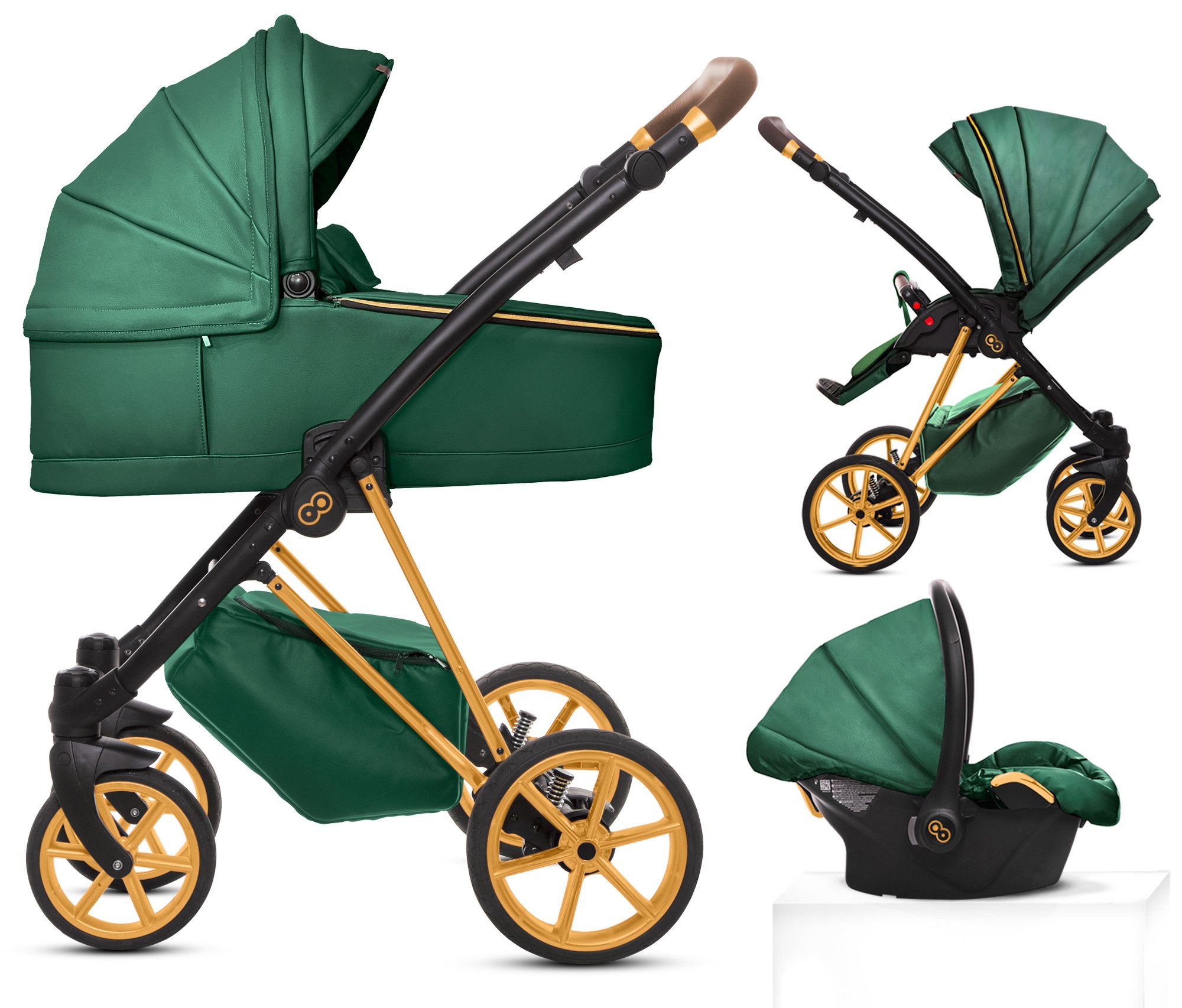 TPFFamily Kombi-Kinderwagen 3in1 Musse Royal, Baby Buggy Babywanne 5-Punkt-Sicherheitsgurt, Zubehör-Set Kinderwagen 3 in 1 Kunstleder Grün, Gestell Gold