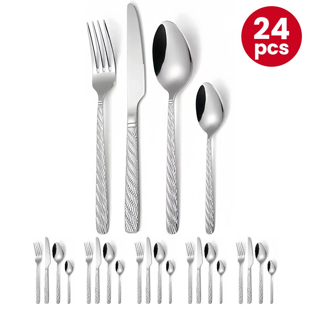 YNOFIT Besteck-Set 24-teiliges Set aus einzigartigen gedrehten Seilgriffen, mehrfarbig, 6 Personen, Edelstahl, hochglanzpoliert für Familienessen