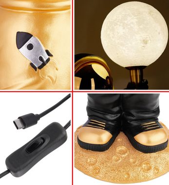 BRUBAKER LED Nachttischlampe Astronauten Tischlampe - 46 cm Weltraum Tischleuchte, mit USB-C Stecker, LED fest integriert, Handbemalte Dekofigur Statue mit Mond Lampe - Gold und Schwarz