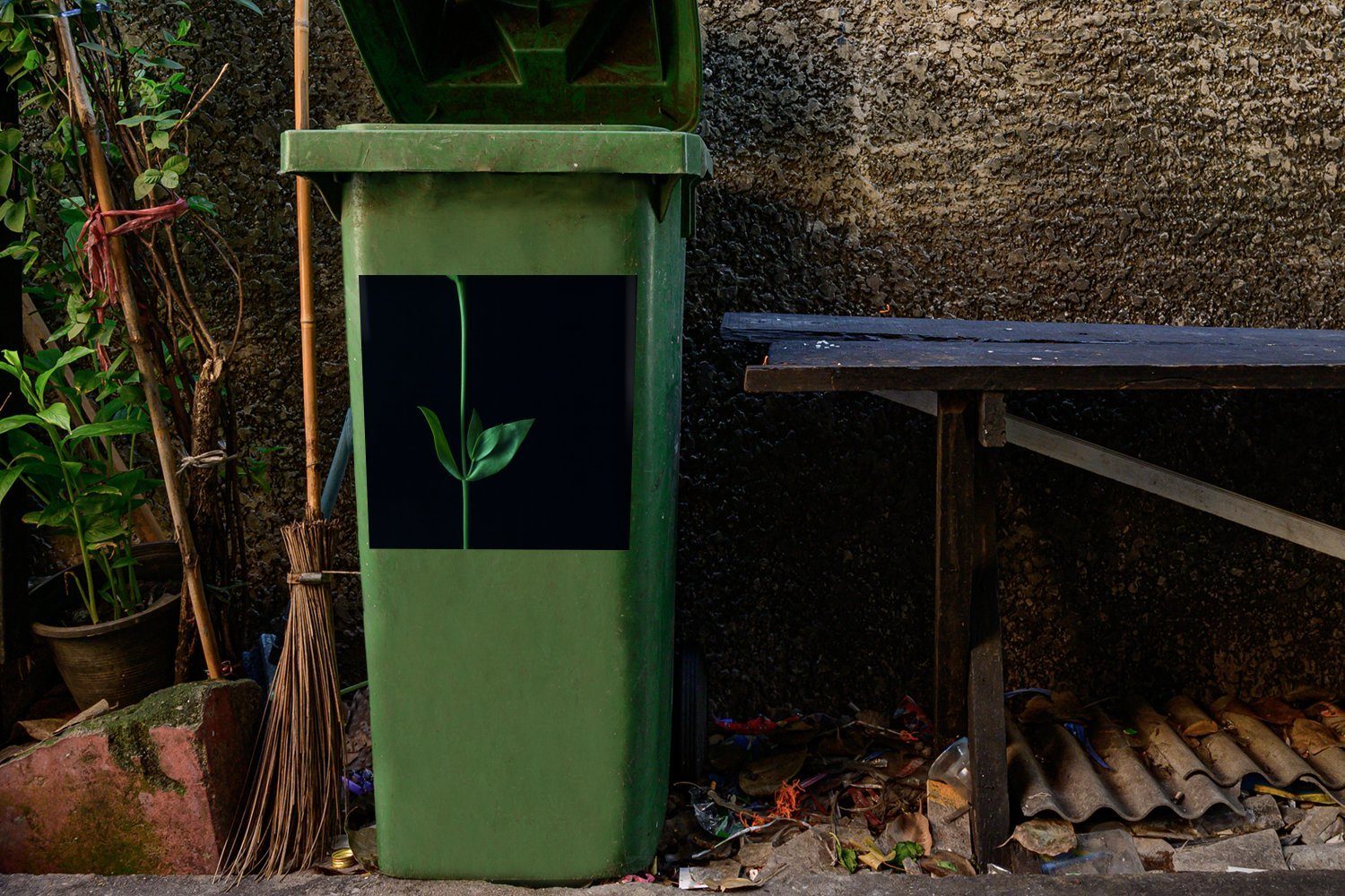 Hintergrund Container, Blättern auf St), zwei Sticker, Mülltonne, (1 schwarzem mit Ein Wandsticker Abfalbehälter Stiel grüner Mülleimer-aufkleber, MuchoWow