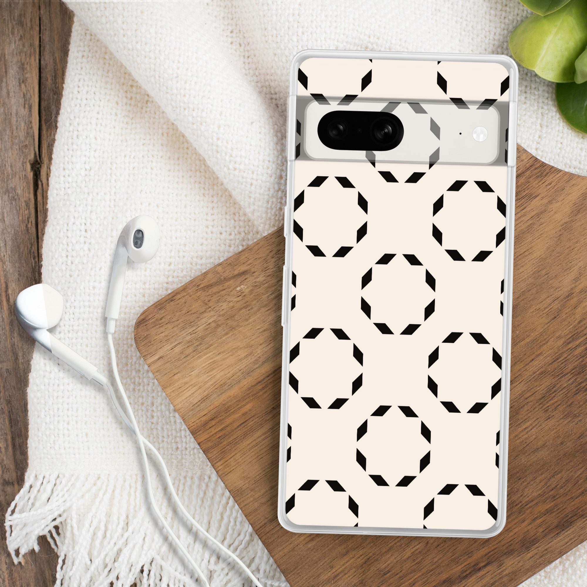 MuchoWow Handyhülle für Google Pixel 7 Kreise - Muster - Schwarz - Beige - Abstrakt, Phone Case, Silikon, Schutzhülle Dünn