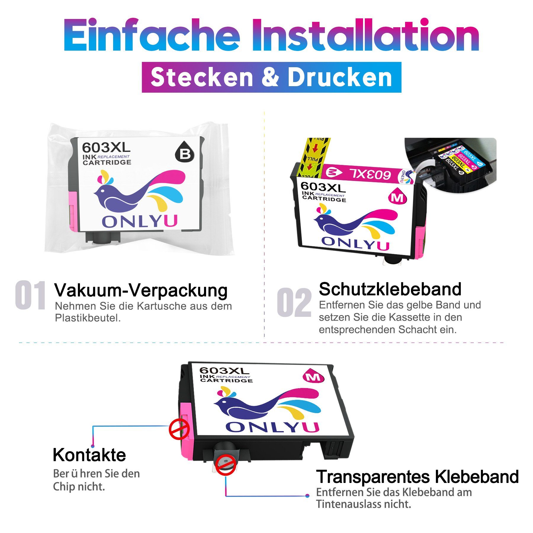 4x 2x ONLYU 2x WF-2830 ersetzt XP-2100 für Tintenpatrone 603 2x Schwarz, EPSON 603XL XP-2105 Cyan, Gelb(10er-pack) Magenta, multipack