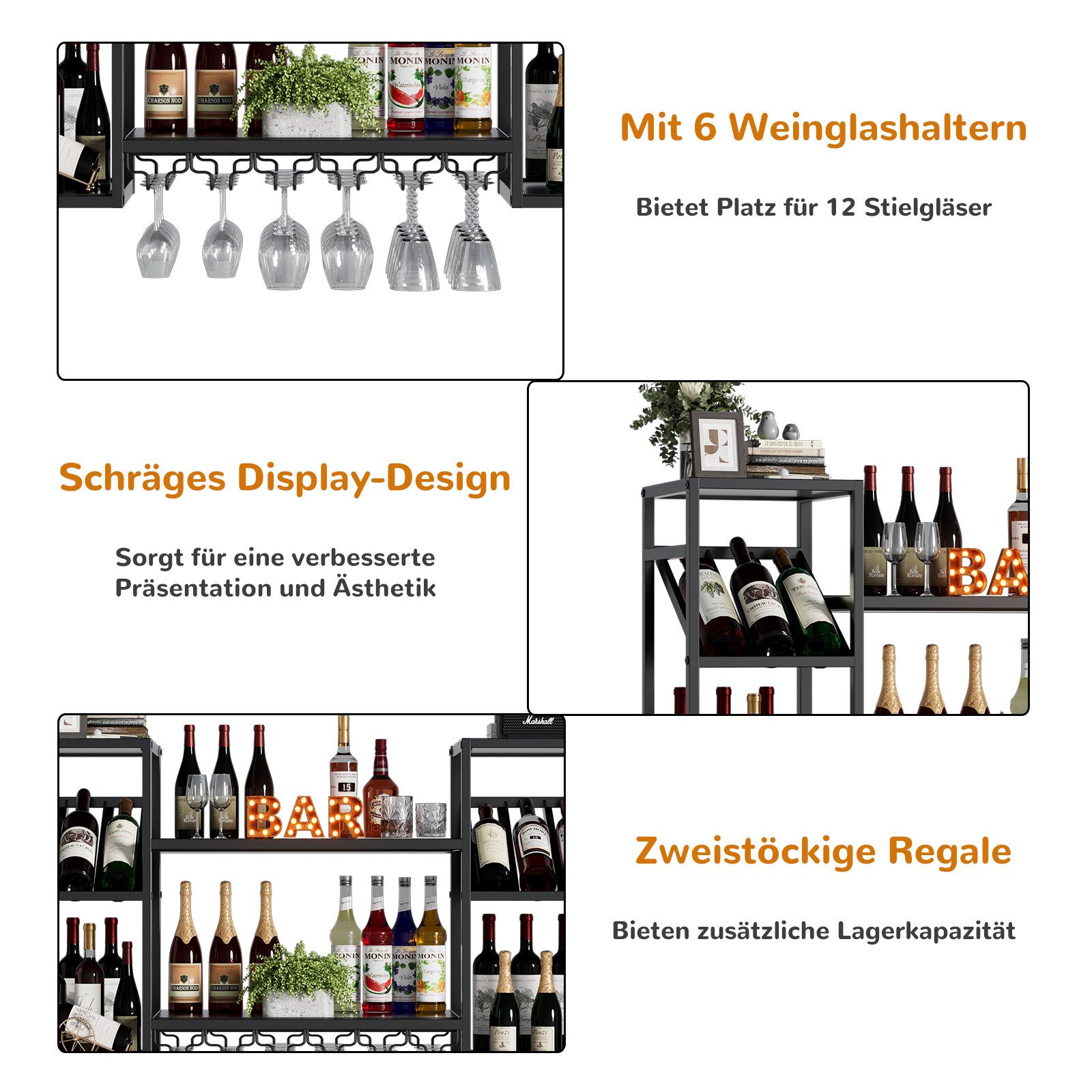 TWSOUL Weinregal Modernes Wand-Weinregal aus Metall mit 3 Ebenen und Glashalter, Modernes Weinregal für Küche, Hausbar & Esszimmer, Schwarz