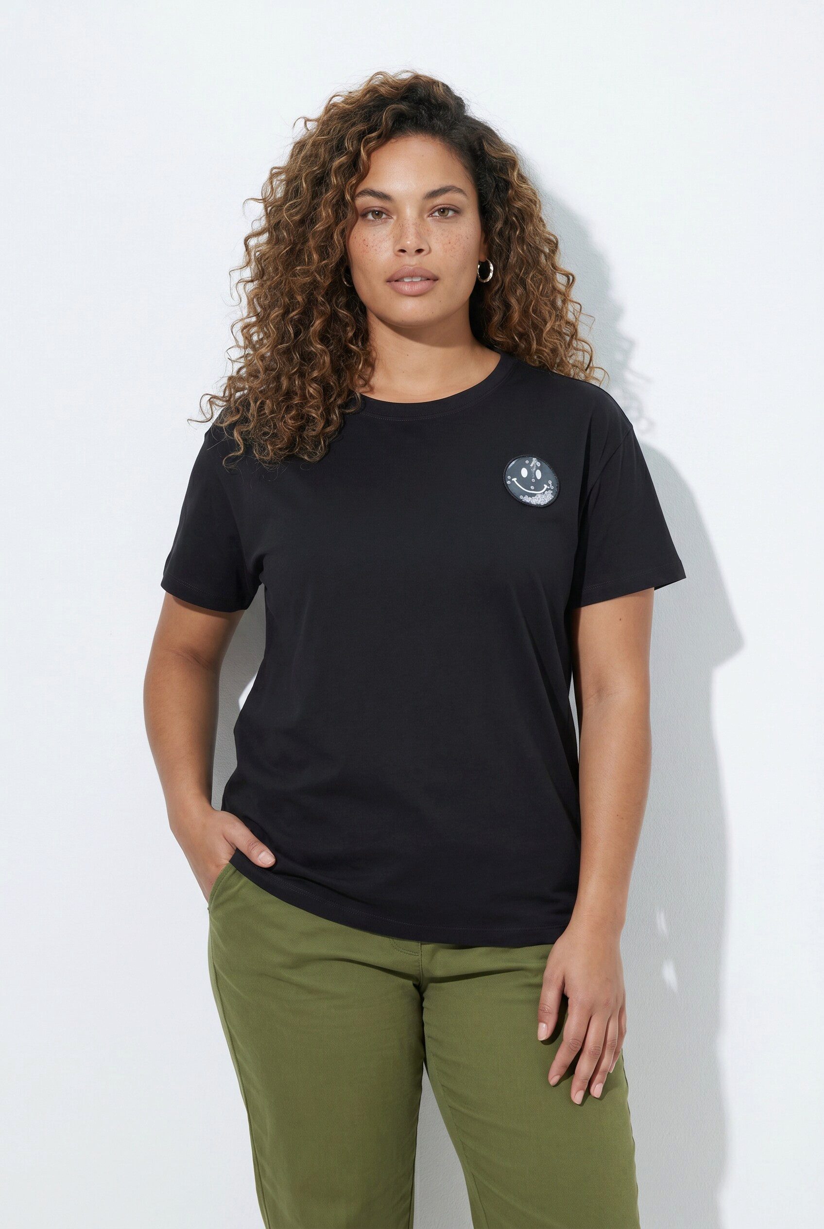 MIAMODA T-Shirt T-Shirt Boxy Fit Pailletten Smiley-Patch Halbarm