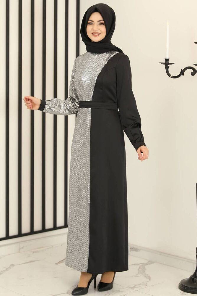 Paillettenkleid Silber silbernes Abiye Damen Fashion Pailletten, Modavitrini Modest Schwarz Kleid Abendkleid Hijabmode