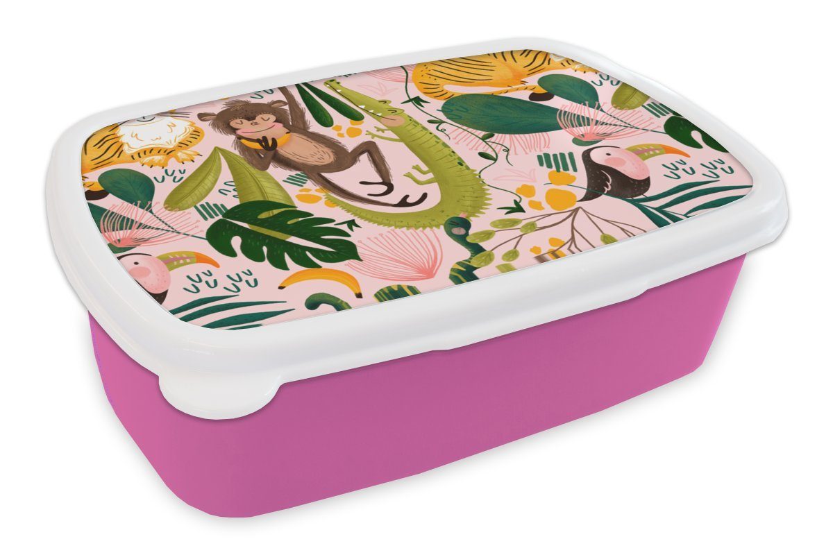 MuchoWow Lunchbox Affen - Pflanzen - Dschungel - Rosa, Kunststoff, (2-tlg), Brotbox für Erwachsene, Brotdose Kinder, Snackbox, Mädchen, Kunststoff