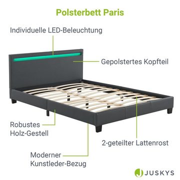 Juskys Polsterbett Paris, 140x200 cm, RGB-LED, Kunstleder, weiches Kopfteil, inkl. Matratze