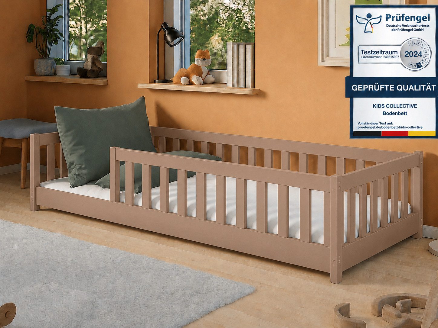 Kids Collective Kinderbett Bodenbett Bett mit Rausfallschutz & Lattenrost Montessori Bett Kinder (Jungen, Mädchen, Kinder, weitere Größen 80x160, 80x180, 90x190, 120x200, 140x200 cm), Gitterbett Jugendbett Einzelbett Milchschokolade 90x200 cm
