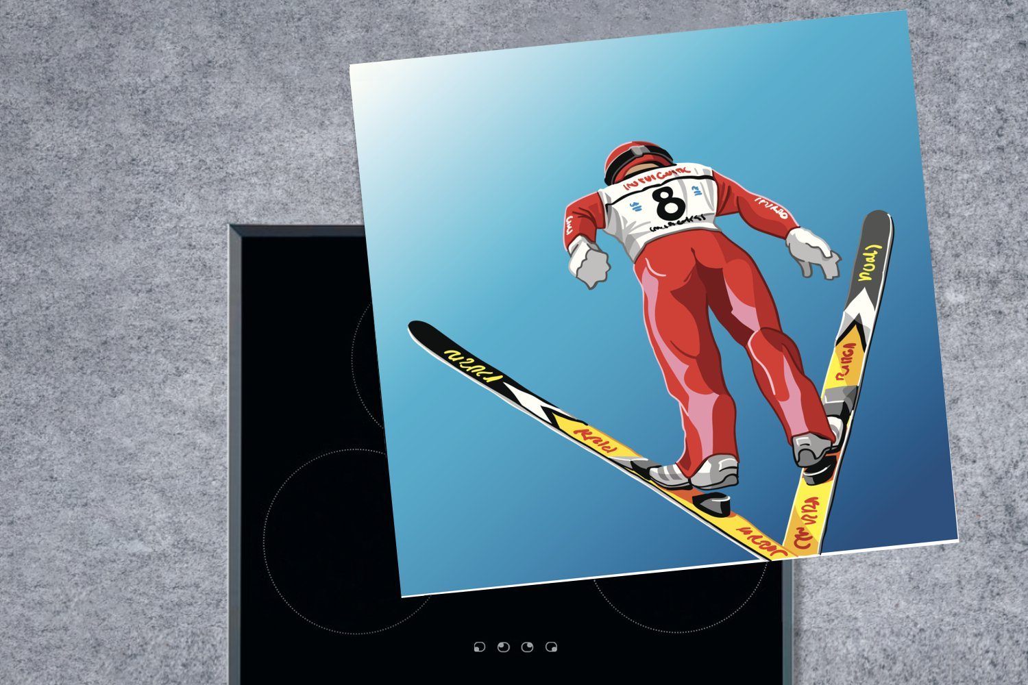 Vinyl, Luft, 78x78 küche Illustration Ceranfeldabdeckung, Arbeitsplatte der für Skispringers Herdblende-/Abdeckplatte Eine (1 cm, eines in tlg), MuchoWow