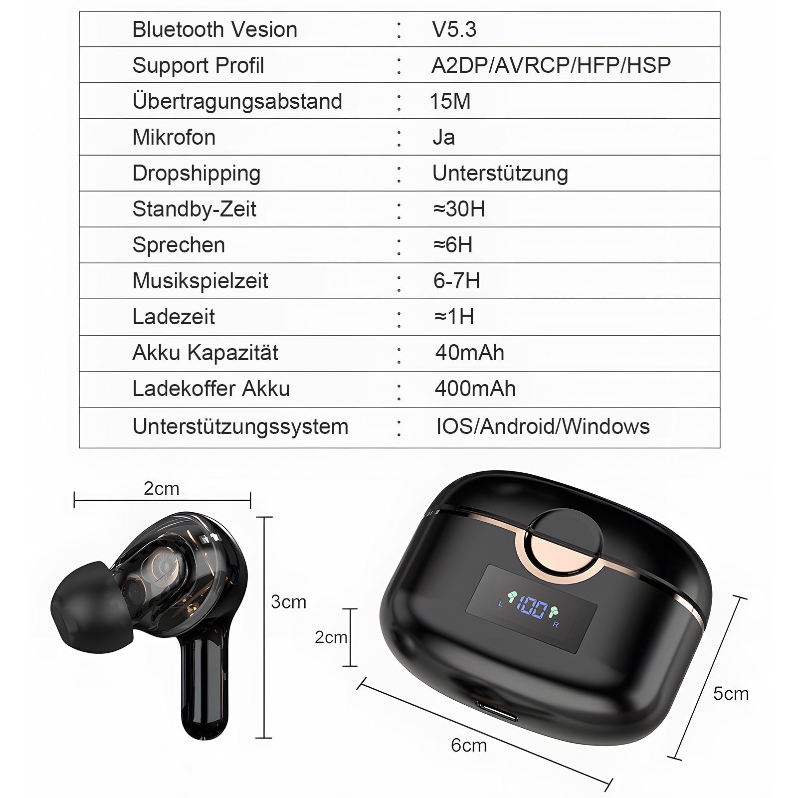 Schwarz ANC Stunden (Sprachassistent, Musikspielzeit) 5.2 Standby-Zeit, In-Ear-Kopfhörer Gerauschreduzierungsfunktion Bluetooth Kabellos Kopfhörer Bluetooth mit HIFI-Stereo, 30-Stunden Ladefach Headset IPX5, 7 Rauschunterdrückungsfunktion, EXTSUD LED-Anzeige,