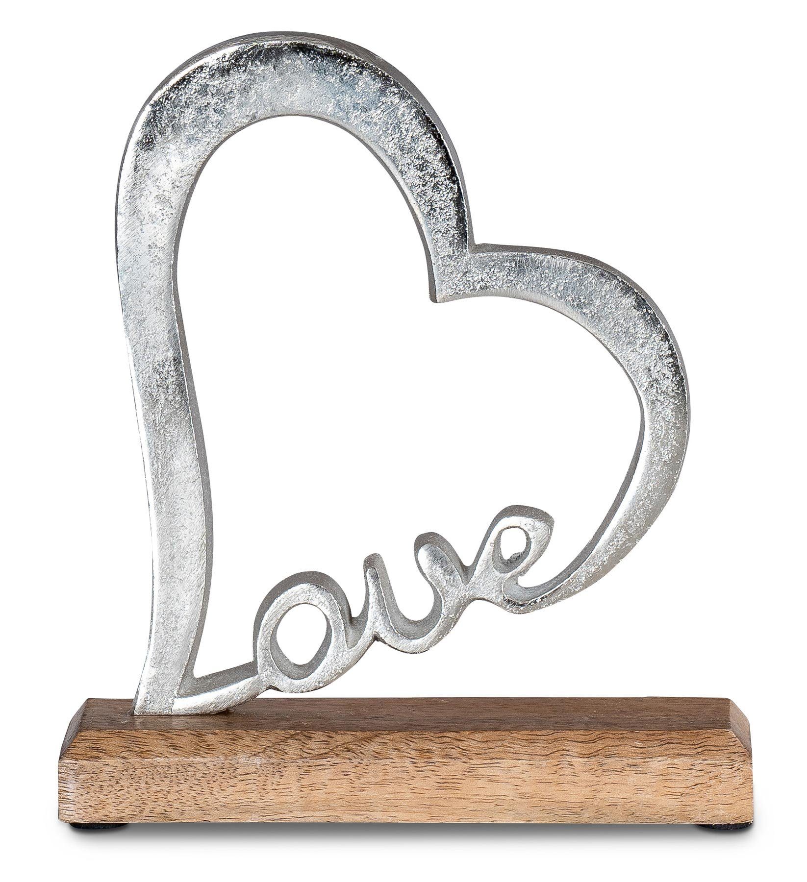 Levandeo® Deko-Schriftzug, Aufsteller Herz Metall Silber Holz Love Mango H20cm Schriftzug