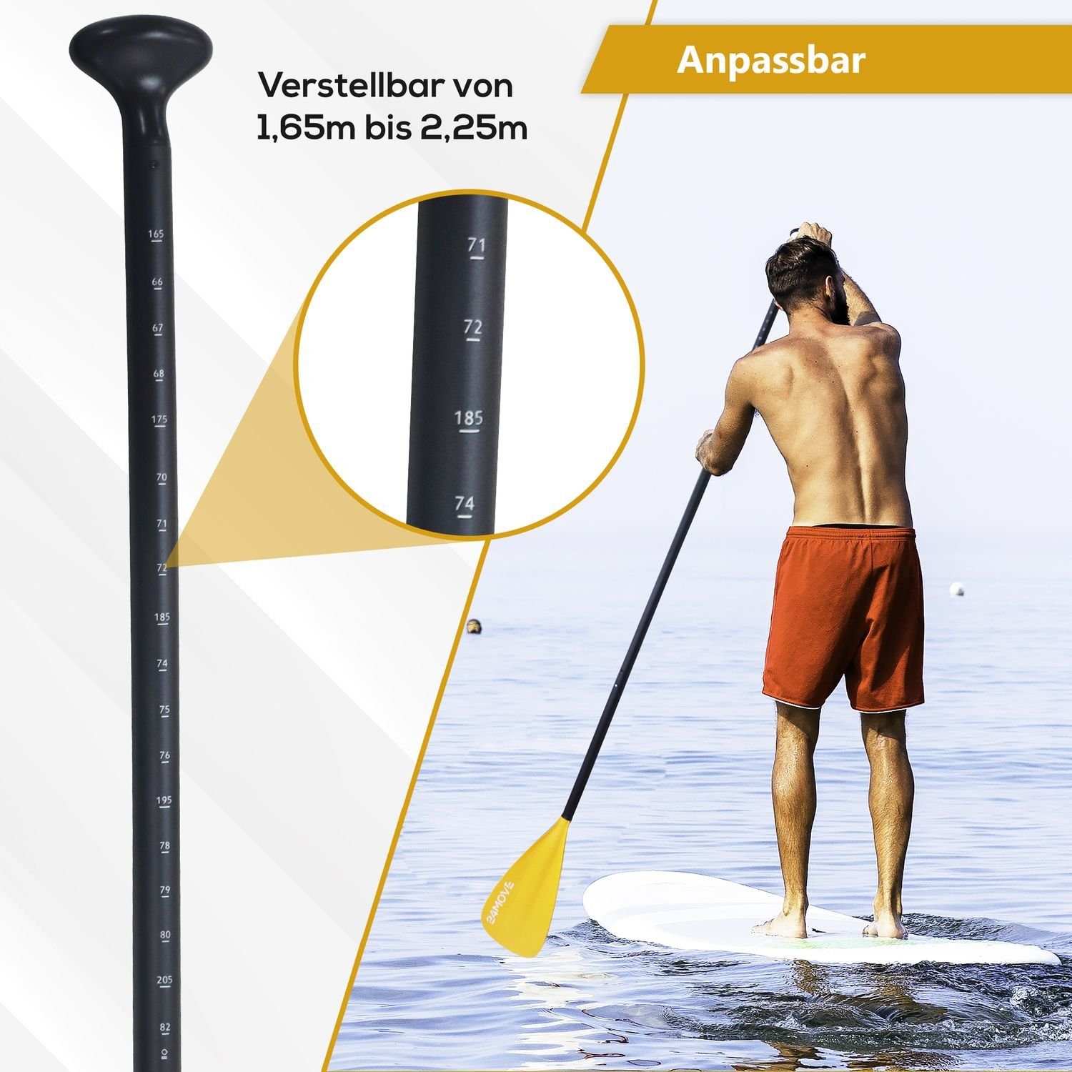 24Move Doppelpaddel, Premium Stand Up Paddle Aluminium, verstellbar, 4-teilig SUP-Paddel, (2 in 1 Paket, als Einzelpaddel oder Doppeltes Paddel, orange), für Paddelboards, Kajakboot und Ruderboot, universell einsetzbar