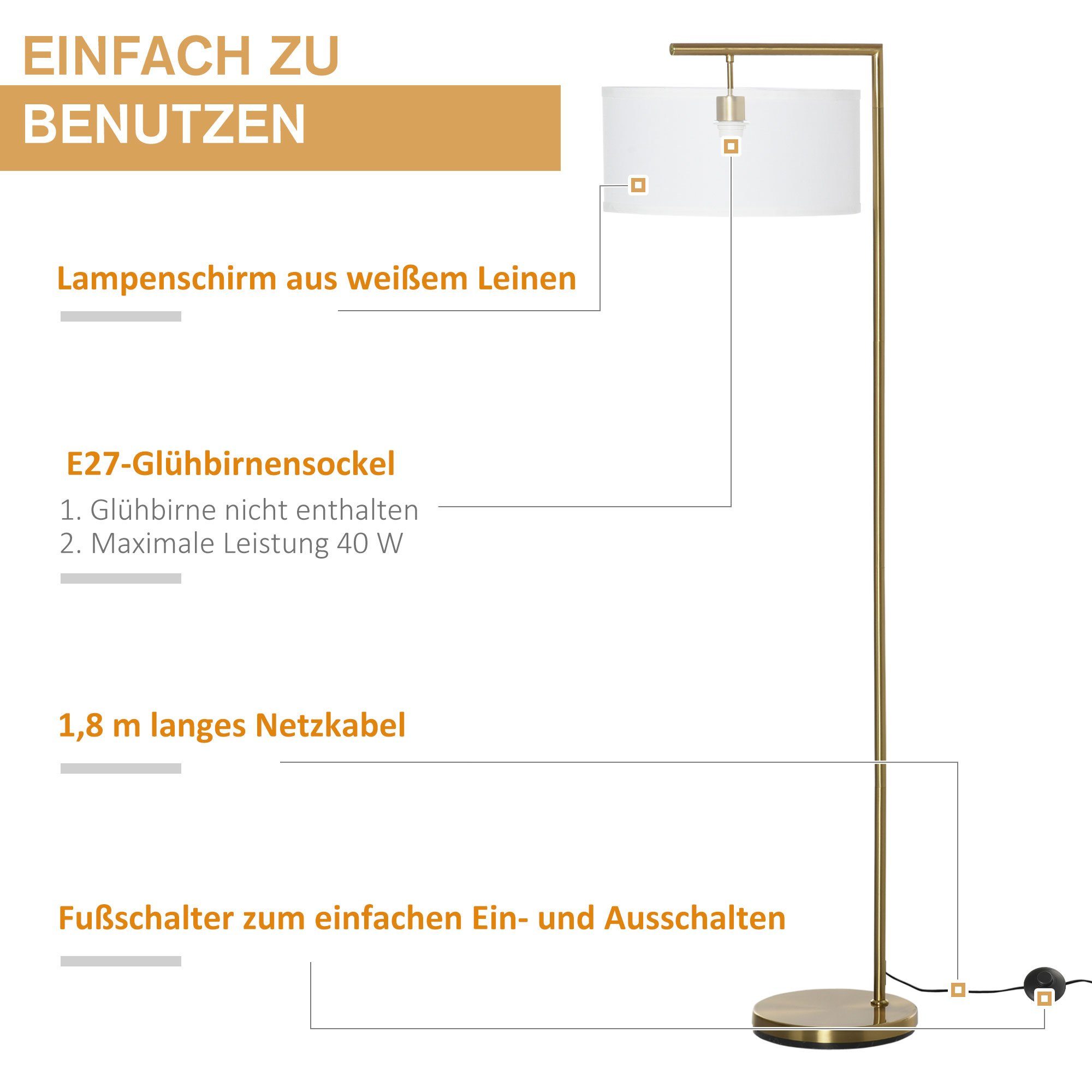 HOMCOM Stehlampe modernen Design, 1 Lieferumfang (nicht enthalten) im E27 x