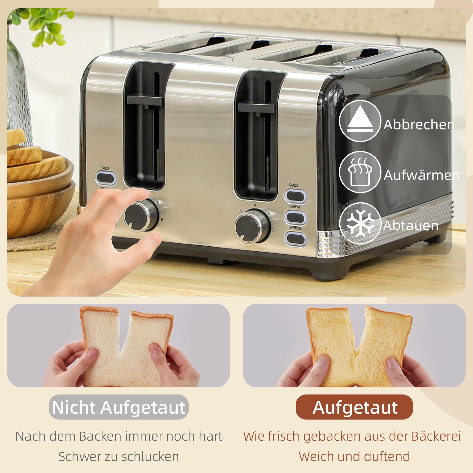 HOMCOM Toaster Wasserkocher Set Edelstahl 1,7L, 4 Scheiben, Aufwärmen, Auftauen, Kocher-Toaster-Set, für Frühstückszubereitung, 2200 W, 7 Bräunungsstufen, Krüme – Bild 5 von 5