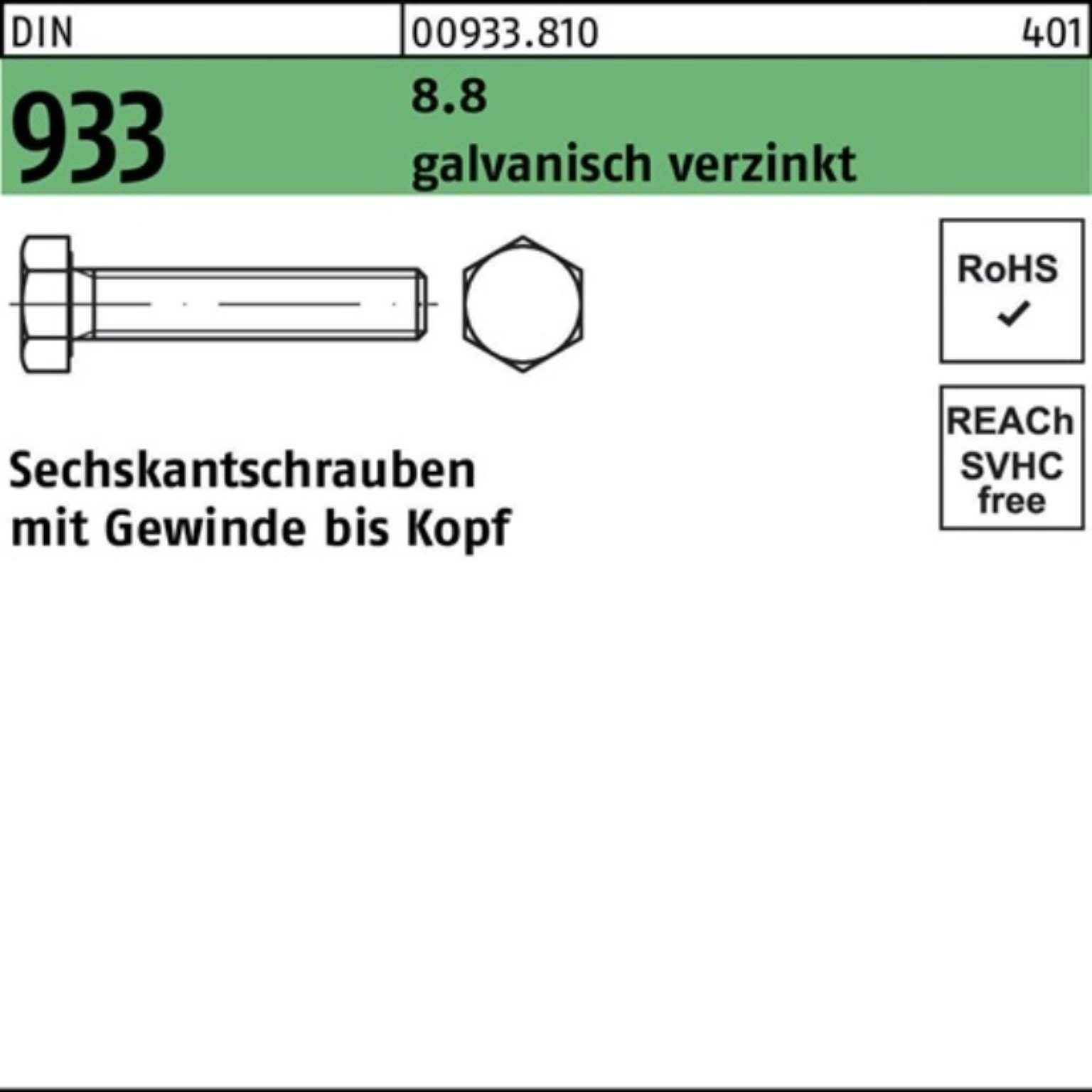 Reyher Sechskantschraube 200er Pack 933 Stü Sechskantschraube DIN 60 8.8 200 VG galv.verz. M8x