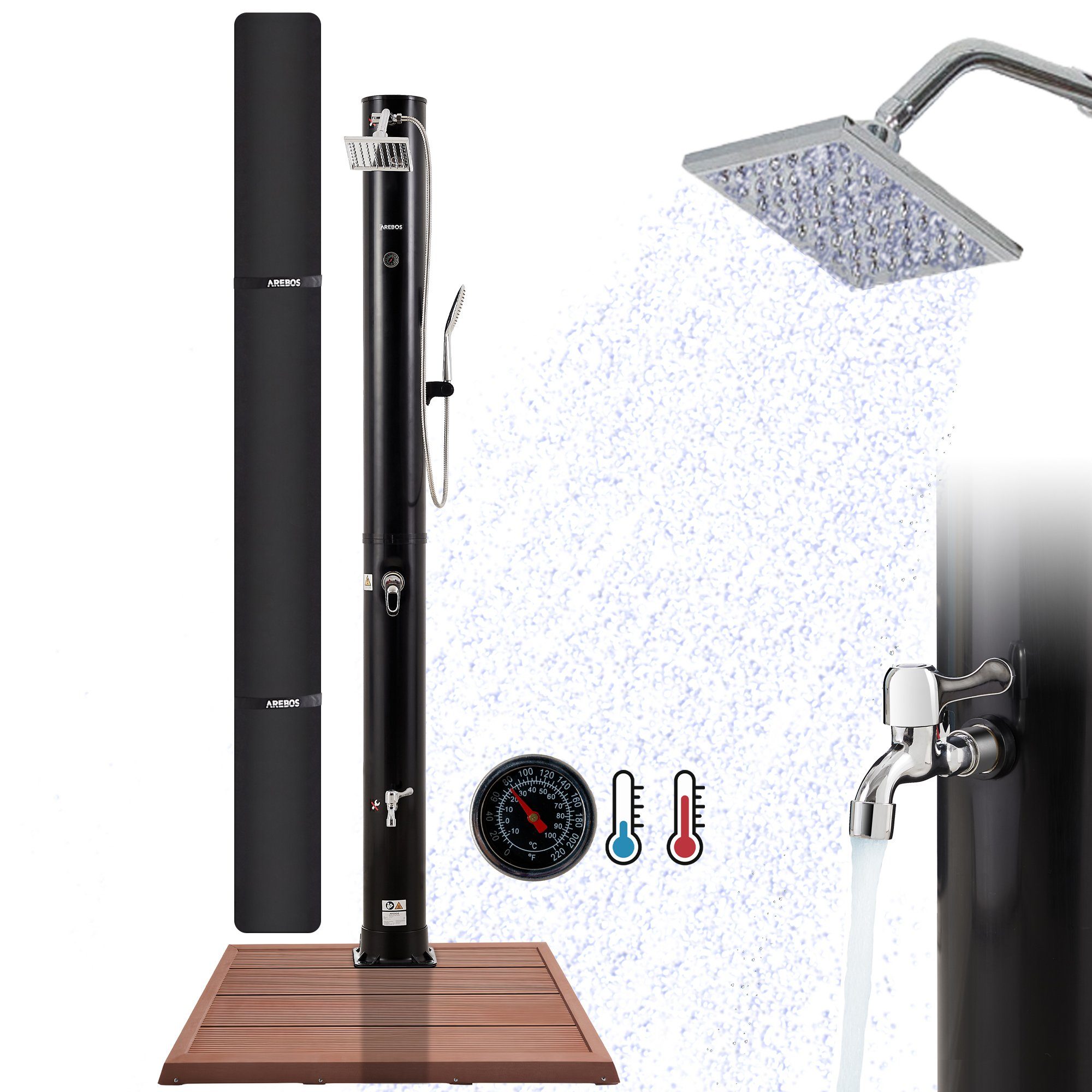 Arebos Solardusche »40 L Premium schwarz mit Bodenplatte Holzoptik