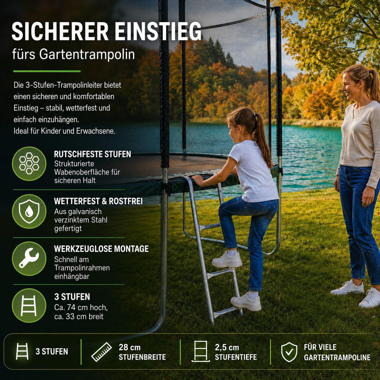 4myBaby Trampolinleiter Sichere Leiter mit 2 Stufen – rutschfest & wetterfest (Trampolinzubehör, Einzelartikel), praktische Einstiegsleiter für Gartentrampoline