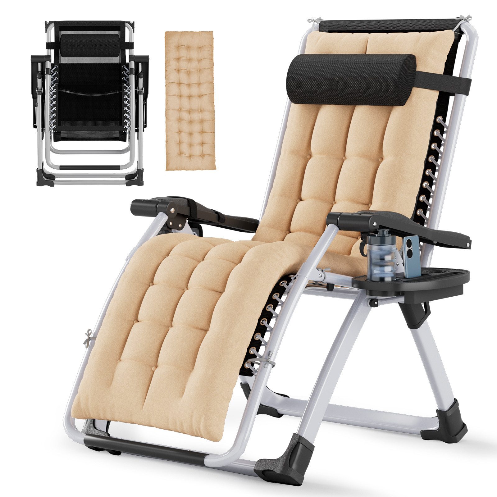 Huracan Gartenliege Sonnenliege Klappbar, Gartenliege Wetterfest mit Ergonomisches Polster, 1 St., Strandliege Verstellbare Rückenlehne, Liegestuhl Garten mit Nackenkissen Getränkehalter Seitentasche