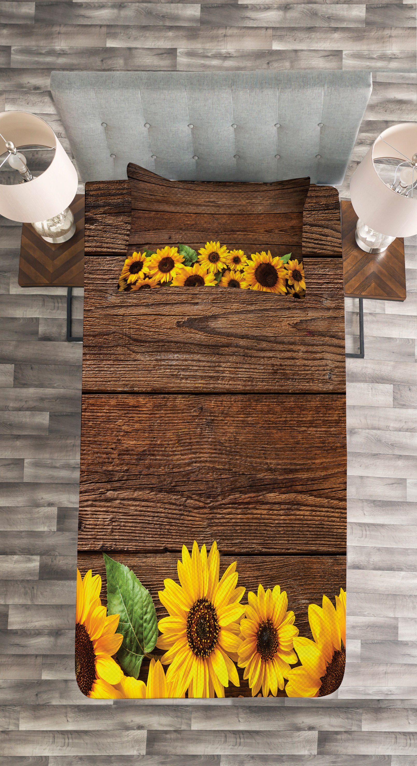 Tagesdecke Set Sunflower Holz rustikales mit Abakuhaus, Kissenbezügen Waschbar, Herbst Motiv