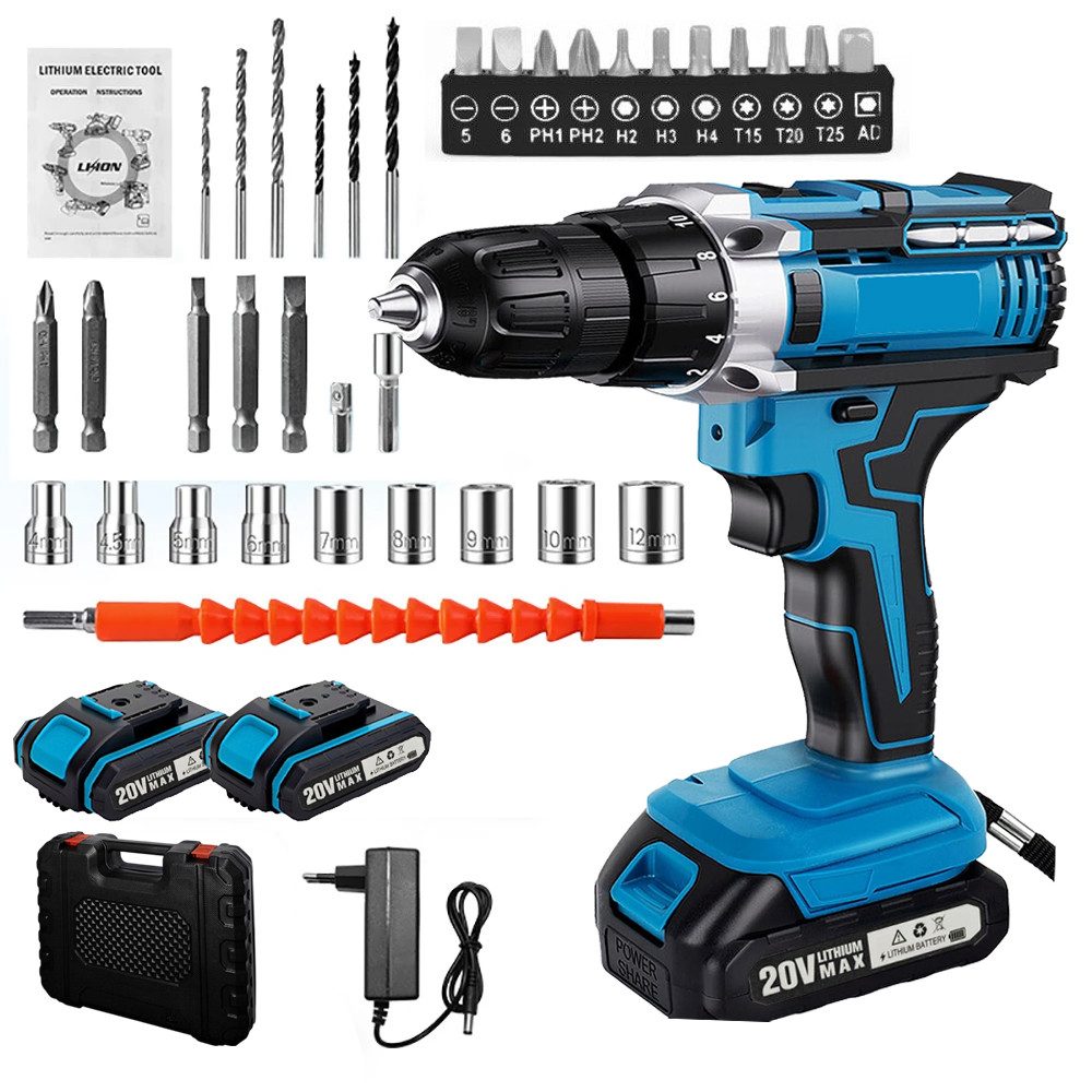 AKKEE Akku-Bohrschrauber Akkuschrauber und Bohrschrauber, Akku-Schrauber, Akkuschrauber Set, max. 1850 U/min, mit 2 x 2000mAh Akkus